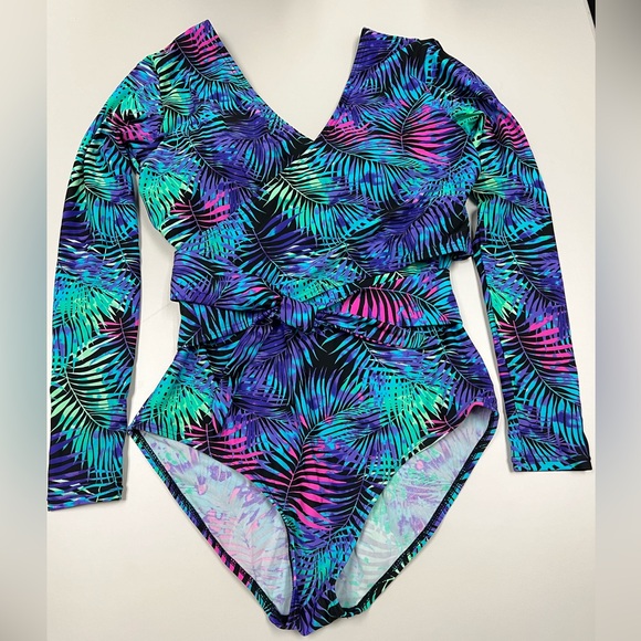 Tropical Print One-Piece Rashguard Swimsuit - Picture 4 of 10